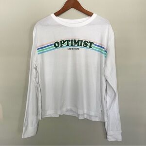 OPTIMIST Retro Long Sleeve White Cotton Print Crusher Tee, Women's Large